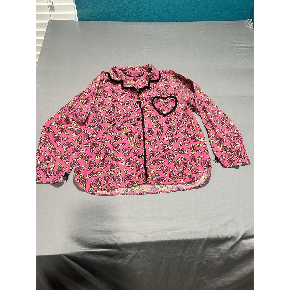 Betsey Johnson Pink Roses Print Black Lace Pajama Top‎ M